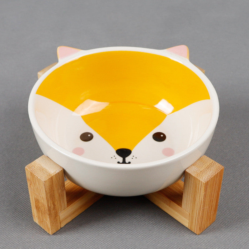 HKM-2152381 Ceramic Cat Food Bowl with Bamboo Stand - Pink Fox, Panda, and Gray Cat Designs