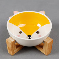 HKM-2152381 Ceramic Cat Food Bowl with Bamboo Stand - Pink Fox, Panda, and Gray Cat Designs