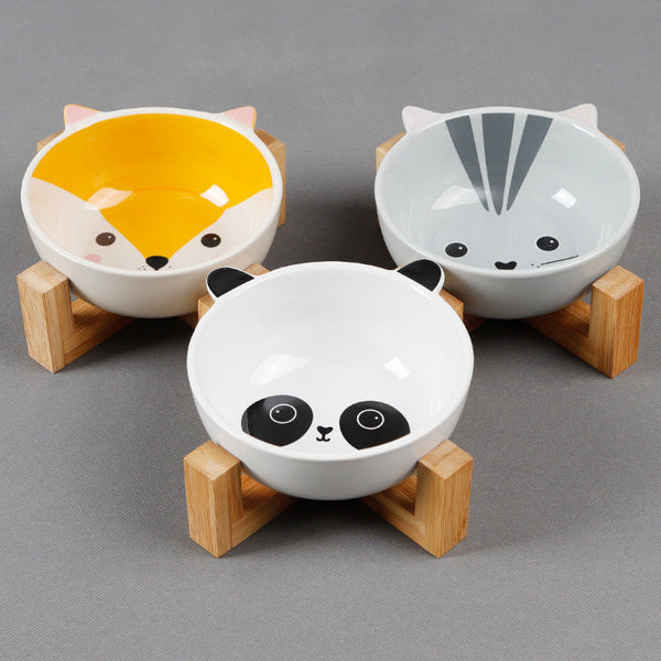 HKM-2152381 Ceramic Cat Food Bowl with Bamboo Stand - Pink Fox, Panda, and Gray Cat Designs