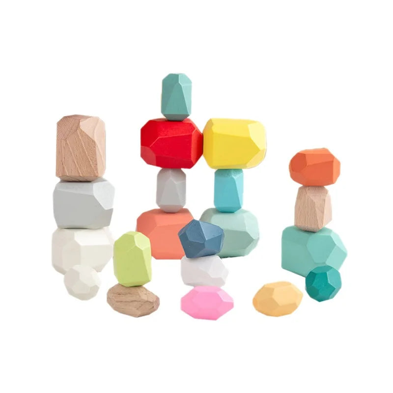 HKM-215507 Wooden Rainbow Stone Stacking Blocks for Kids - Montessori Educational Toy