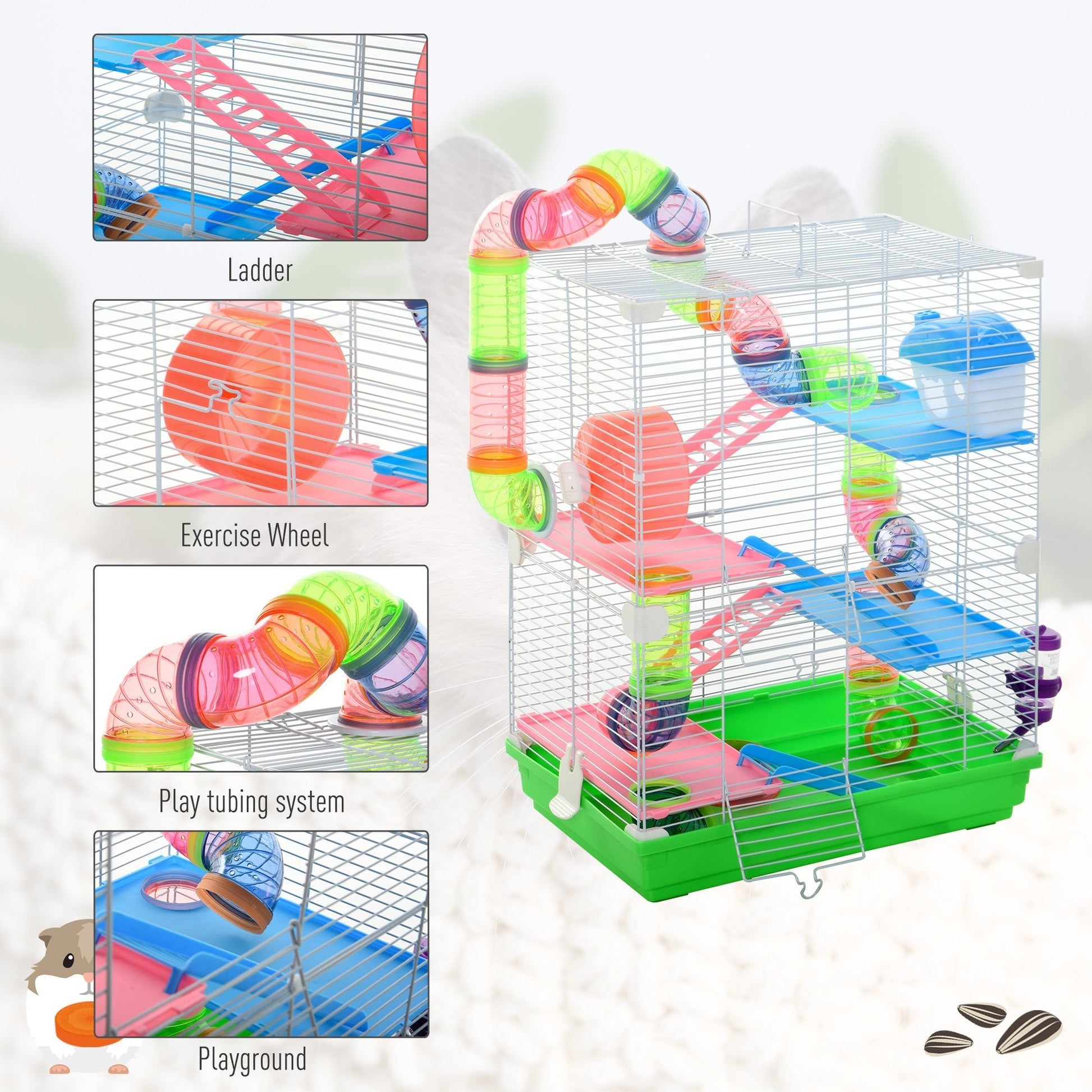HKM-2155837 5-Tier Hamster Cage with Exercise Wheels, Tubes, and Accessories for Small Pets