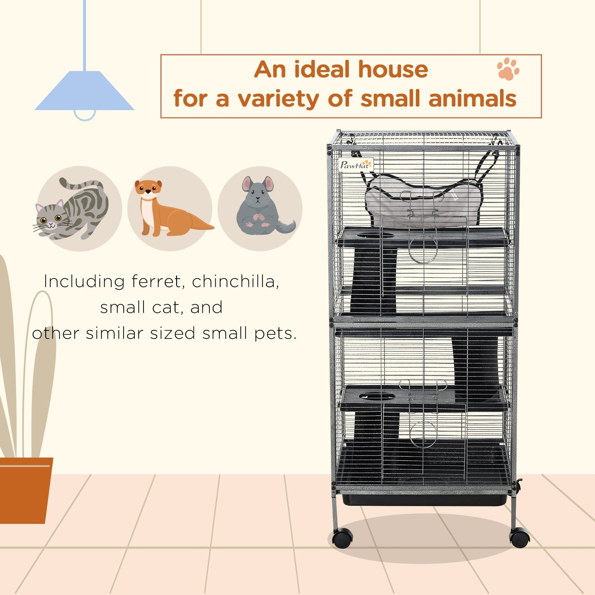 HKM-2161597 Gray 4-Tier Rolling Small Animal Cage with Hammock for Ferrets, Chinchillas, and Sugar Gliders