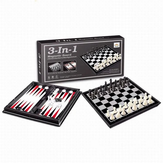HKM-216403 3-in-1 Magnetic Chess, Checkers & Backgammon Travel Game Set with Folding Board