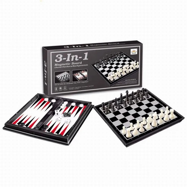 HKM-216403 3-in-1 Magnetic Chess, Checkers & Backgammon Travel Game Set with Folding Board
