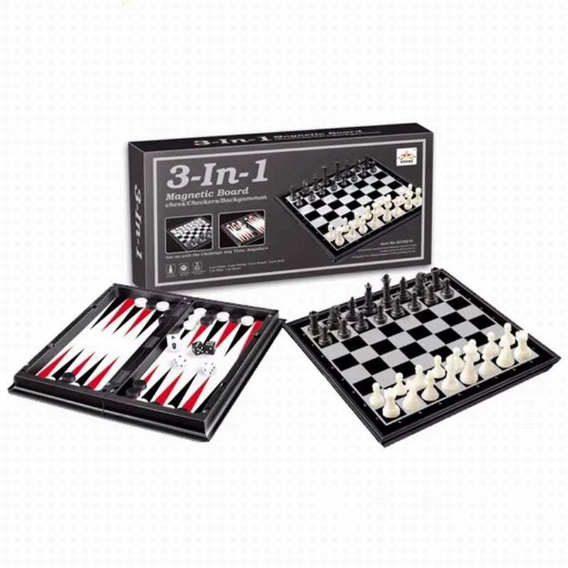 HKM-216403 3-in-1 Magnetic Chess, Checkers & Backgammon Travel Game Set with Folding Board
