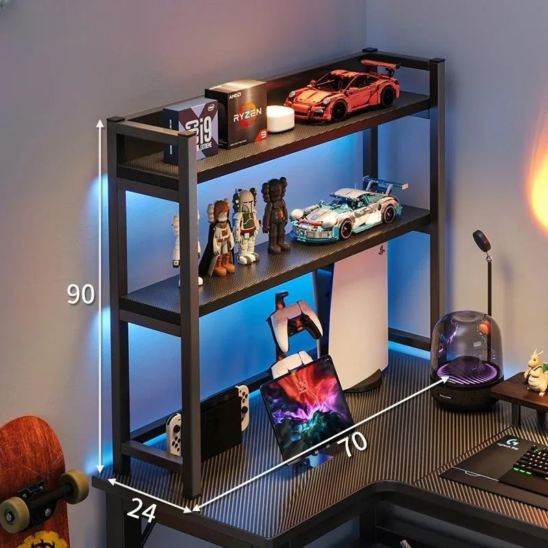 HKM-216531 L-Shaped Gaming Desk with PC Storage Shelf and Carbon Fiber Texture in Black Walnut