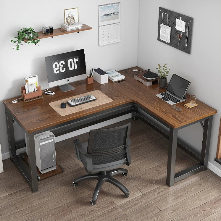 HKM-216531 L-Shaped Gaming Desk with PC Storage Shelf and Carbon Fiber Texture in Black Walnut
