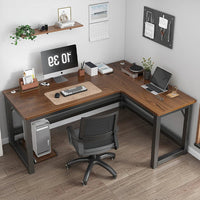 HKM-216531 L-Shaped Gaming Desk with PC Storage Shelf and Carbon Fiber Texture in Black Walnut