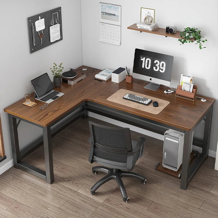 HKM-216531 L-Shaped Gaming Desk with PC Storage Shelf and Carbon Fiber Texture in Black Walnut
