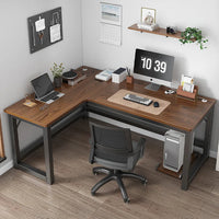 HKM-216531 L-Shaped Gaming Desk with PC Storage Shelf and Carbon Fiber Texture in Black Walnut