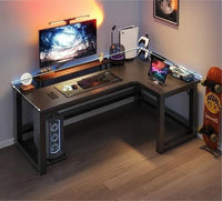 HKM-216531 L-Shaped Gaming Desk with PC Storage Shelf and Carbon Fiber Texture in Black Walnut