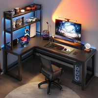 HKM-216531 L-Shaped Gaming Desk with PC Storage Shelf and Carbon Fiber Texture in Black Walnut