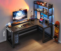 HKM-216531 L-Shaped Gaming Desk with PC Storage Shelf and Carbon Fiber Texture in Black Walnut