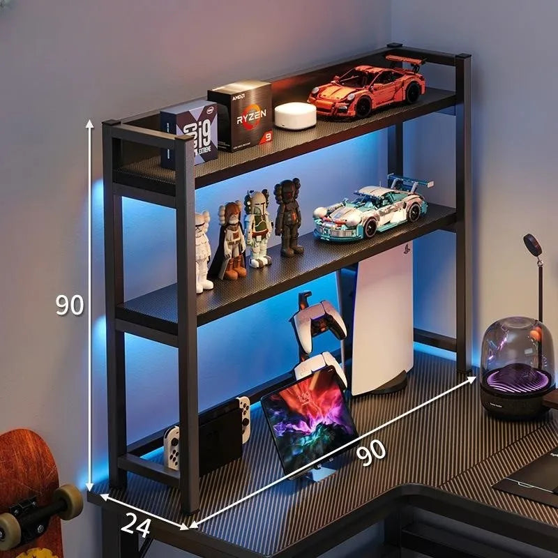 HKM-216531 L-Shaped Gaming Desk with PC Storage Shelf and Carbon Fiber Texture in Black Walnut
