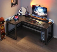 HKM-216531 L-Shaped Gaming Desk with PC Storage Shelf and Carbon Fiber Texture in Black Walnut