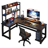 HKM-216531 L-Shaped Gaming Desk with PC Storage Shelf and Carbon Fiber Texture in Black Walnut