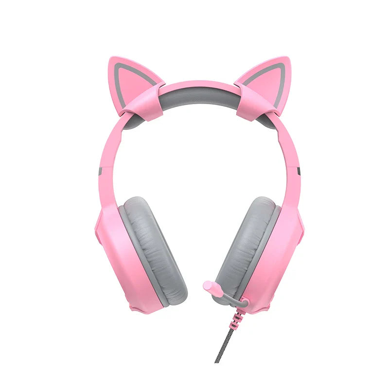 HKM-216659 Pink Cat Ear Headphones with RGB LED Lights and Flexible Microphone for 7.1 Surround Sound Gaming