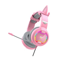 HKM-216659 Pink Cat Ear Headphones with RGB LED Lights and Flexible Microphone for 7.1 Surround Sound Gaming