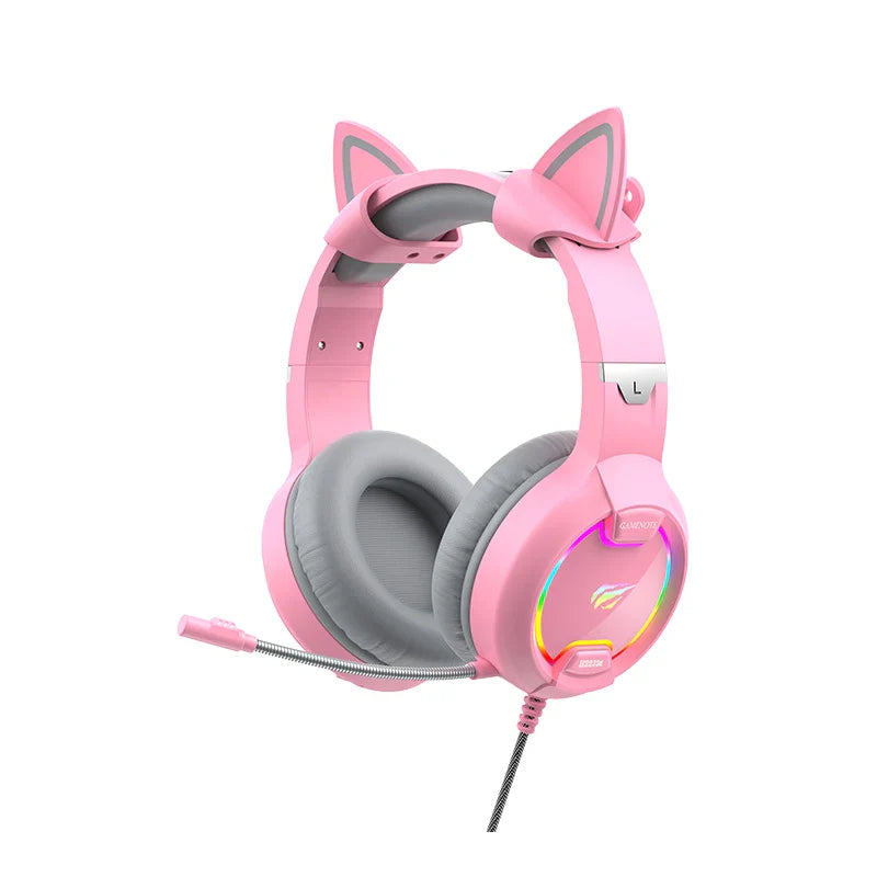 HKM-216659 Pink Cat Ear Headphones with RGB LED Lights and Flexible Microphone for 7.1 Surround Sound Gaming