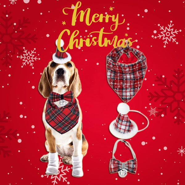 HKM-2171069 Christmas Triangle Pet Bib with Santa Deer Print - Durable Fabric Dog Scarf for Holiday Wear