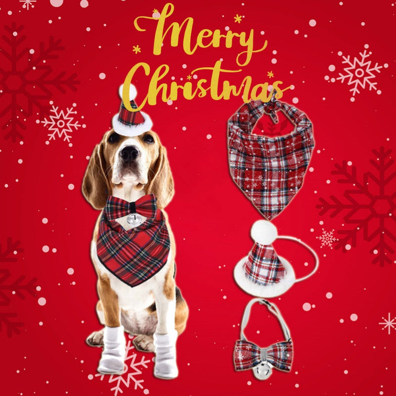 HKM-2171069 Christmas Triangle Pet Bib with Santa Deer Print - Durable Fabric Dog Scarf for Holiday Wear