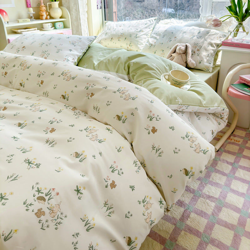 HKM-217619 Cotton Quilt Cover Set with Plant and Flower Pattern - Small Size (Duvet Cover, Bedsheet, Pillowcase)