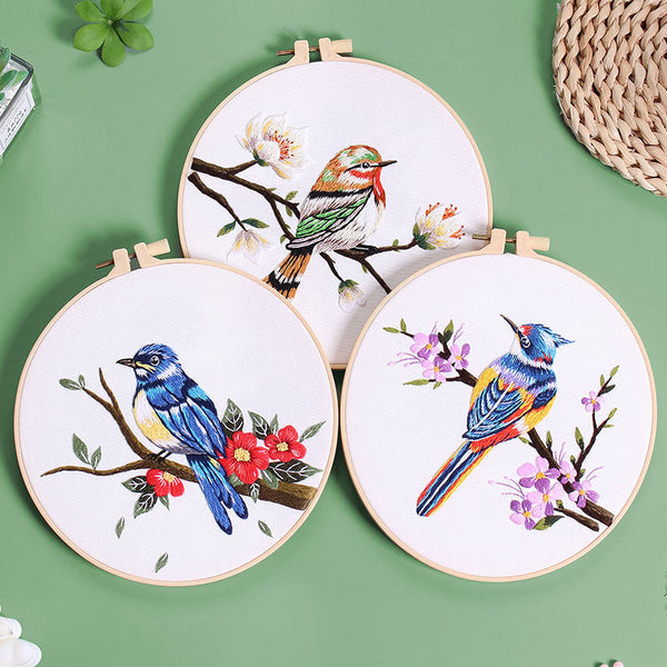 HKM-217811 Flower and Bird Hanging Embroidery DIY Kit with Scissors, Threader, and Frame