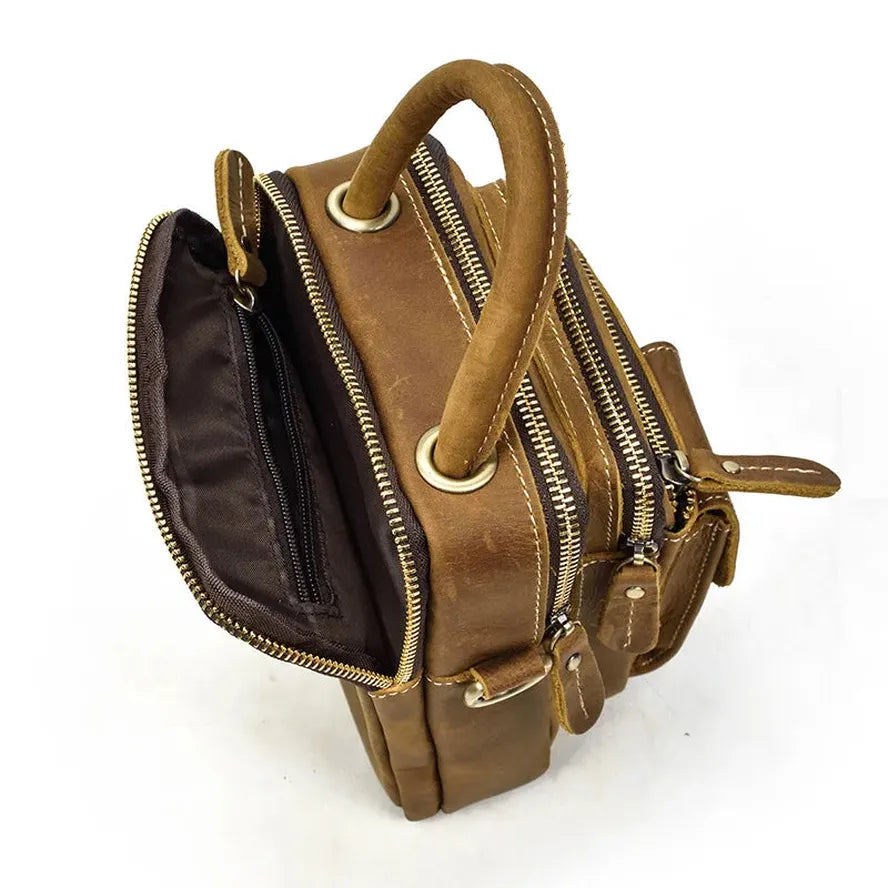 HKM-217875 Retro Crazy Horse Leather Waist Bag for Men - Waterproof Messenger Shoulder Bag in Light/Dark Brown