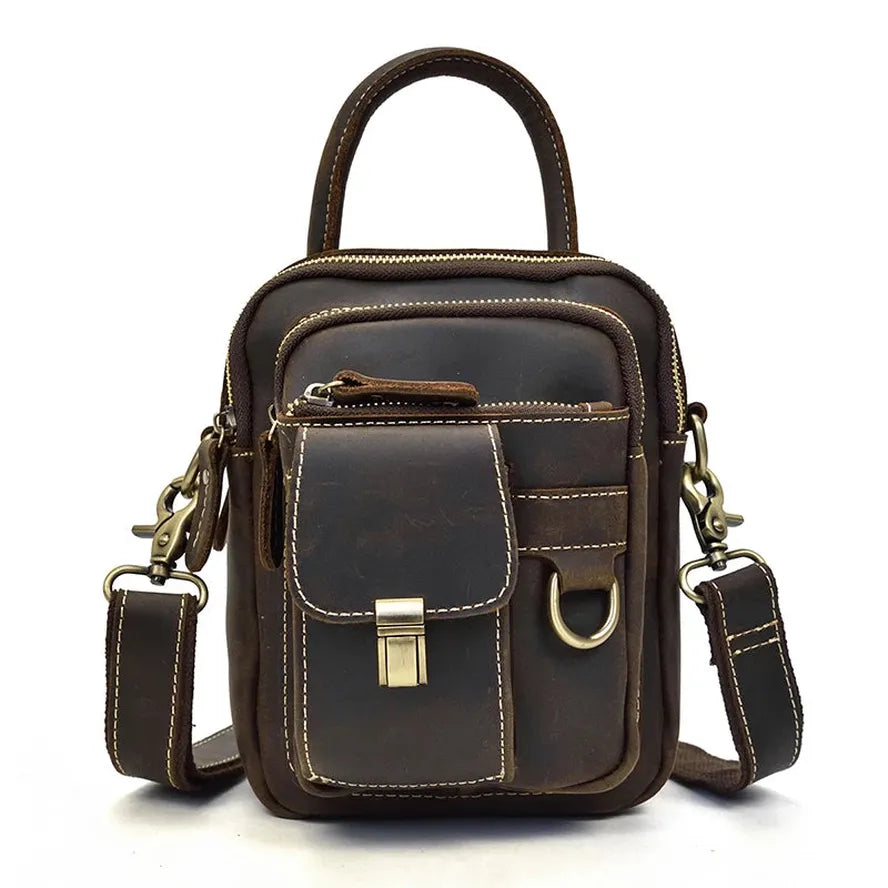 HKM-217875 Retro Crazy Horse Leather Waist Bag for Men - Waterproof Messenger Shoulder Bag in Light/Dark Brown