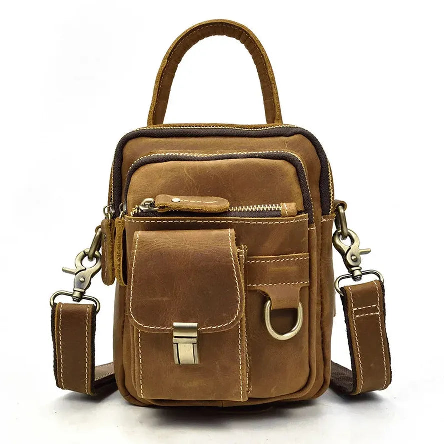 HKM-217875 Retro Crazy Horse Leather Waist Bag for Men - Waterproof Messenger Shoulder Bag in Light/Dark Brown