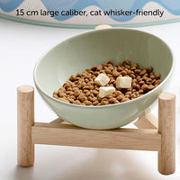 HKM-2179389 Elevated Ceramic Cat Bowl with Wooden Stand for Food and Water, Anti-Slip Design, Easy to Clean