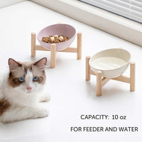 HKM-2179389 Elevated Ceramic Cat Bowl with Wooden Stand for Food and Water, Anti-Slip Design, Easy to Clean