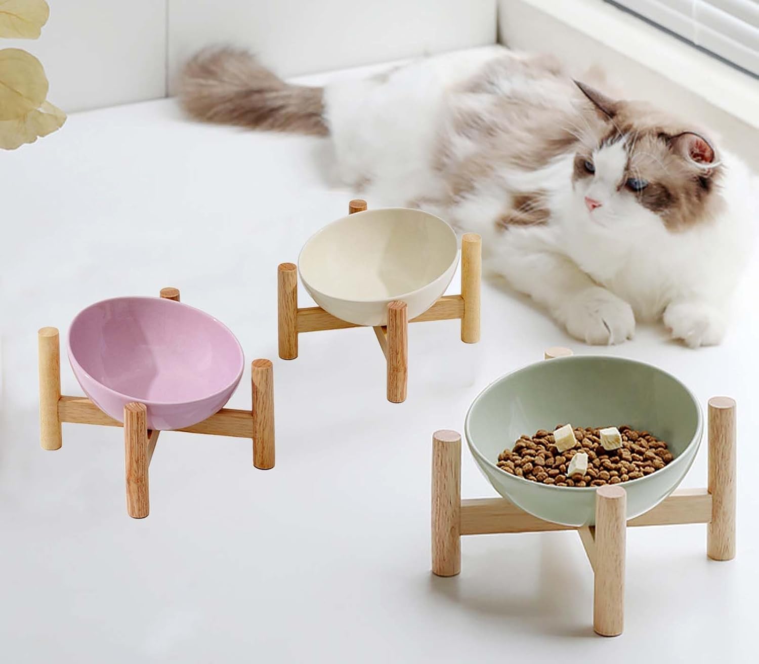 HKM-2179389 Elevated Ceramic Cat Bowl with Wooden Stand for Food and Water, Anti-Slip Design, Easy to Clean