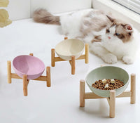 HKM-2179389 Elevated Ceramic Cat Bowl with Wooden Stand for Food and Water, Anti-Slip Design, Easy to Clean