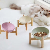 HKM-2179389 Elevated Ceramic Cat Bowl with Wooden Stand for Food and Water, Anti-Slip Design, Easy to Clean