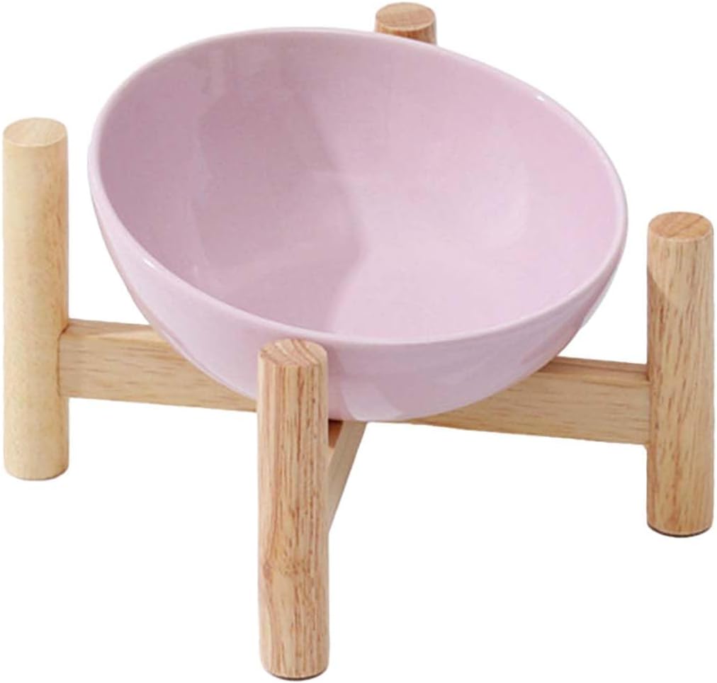 HKM-2179389 Elevated Ceramic Cat Bowl with Wooden Stand for Food and Water, Anti-Slip Design, Easy to Clean