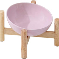 HKM-2179389 Elevated Ceramic Cat Bowl with Wooden Stand for Food and Water, Anti-Slip Design, Easy to Clean