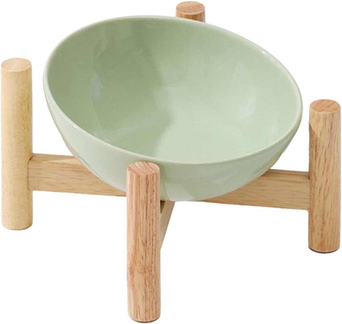 HKM-2179389 Elevated Ceramic Cat Bowl with Wooden Stand for Food and Water, Anti-Slip Design, Easy to Clean