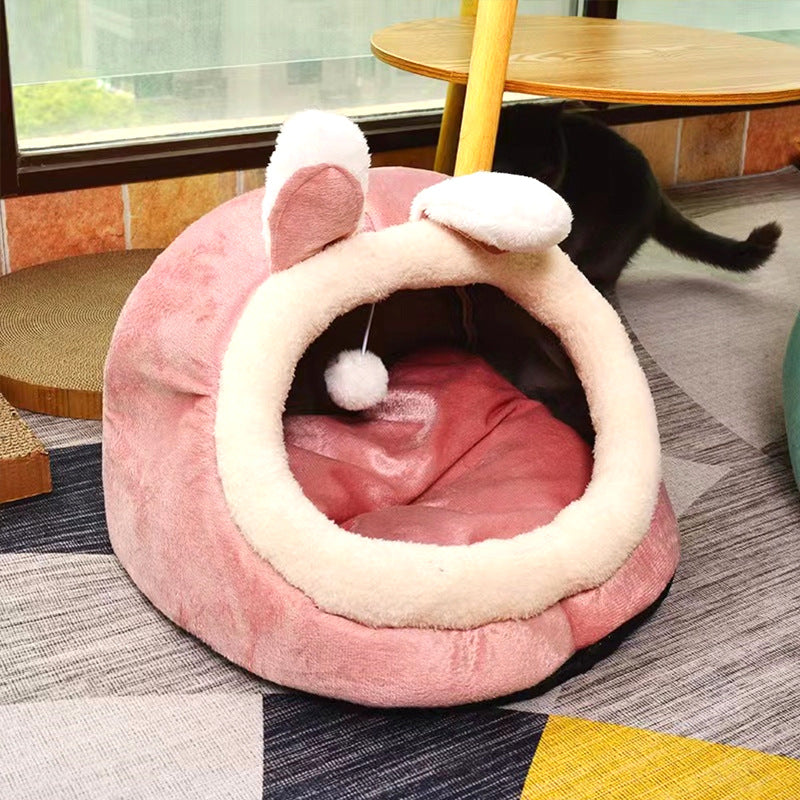 HKM-2185021 All-Season Semi-Closed Pet Nest for Dogs and Cats in Pink Rabbit Color
