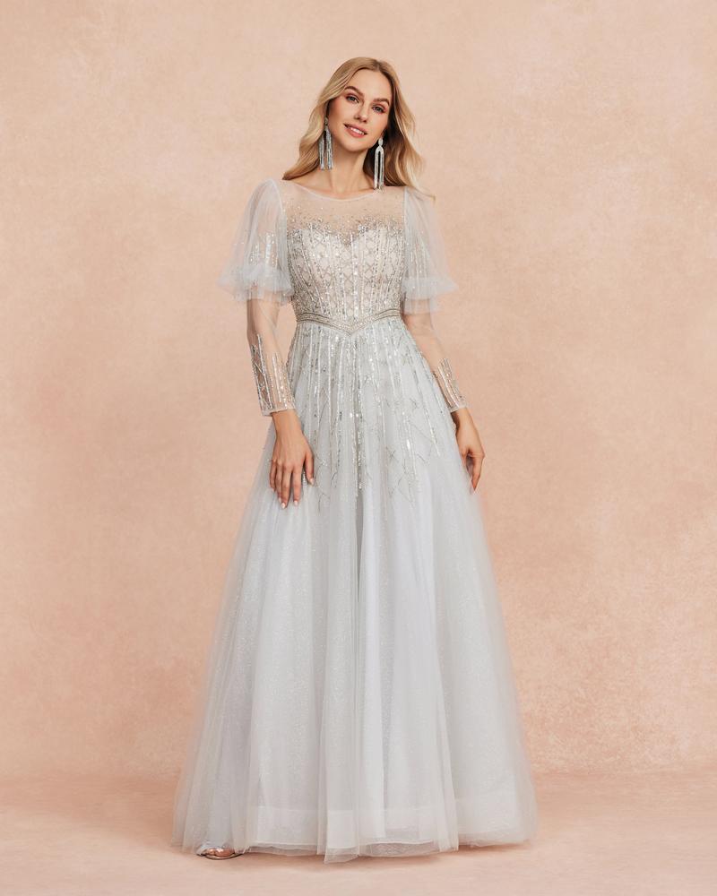 HKM-218515 Elegant Silver Evening Gown for Women - Stylish Floor-Length Dress with Sophisticated Design