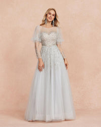 HKM-218515 Elegant Silver Evening Gown for Women - Stylish Floor-Length Dress with Sophisticated Design