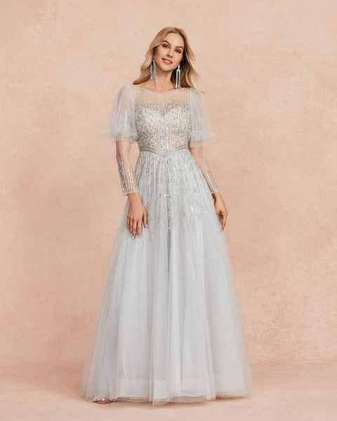 HKM-218515 Elegant Silver Evening Gown for Women - Stylish Floor-Length Dress with Sophisticated Design