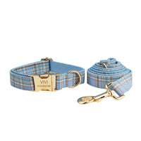 HKM-2186941 Sky Blue Grid Dog Collar and Leash Set with Bow Tie for Small to Medium Dogs