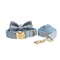 HKM-2186941 Sky Blue Grid Dog Collar and Leash Set with Bow Tie for Small to Medium Dogs