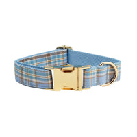 HKM-2186941 Sky Blue Grid Dog Collar and Leash Set with Bow Tie for Small to Medium Dogs