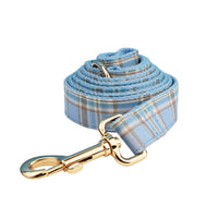 HKM-2186941 Sky Blue Grid Dog Collar and Leash Set with Bow Tie for Small to Medium Dogs