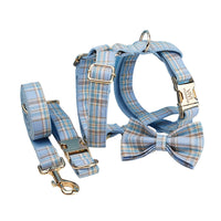 HKM-2186941 Sky Blue Grid Dog Collar and Leash Set with Bow Tie for Small to Medium Dogs