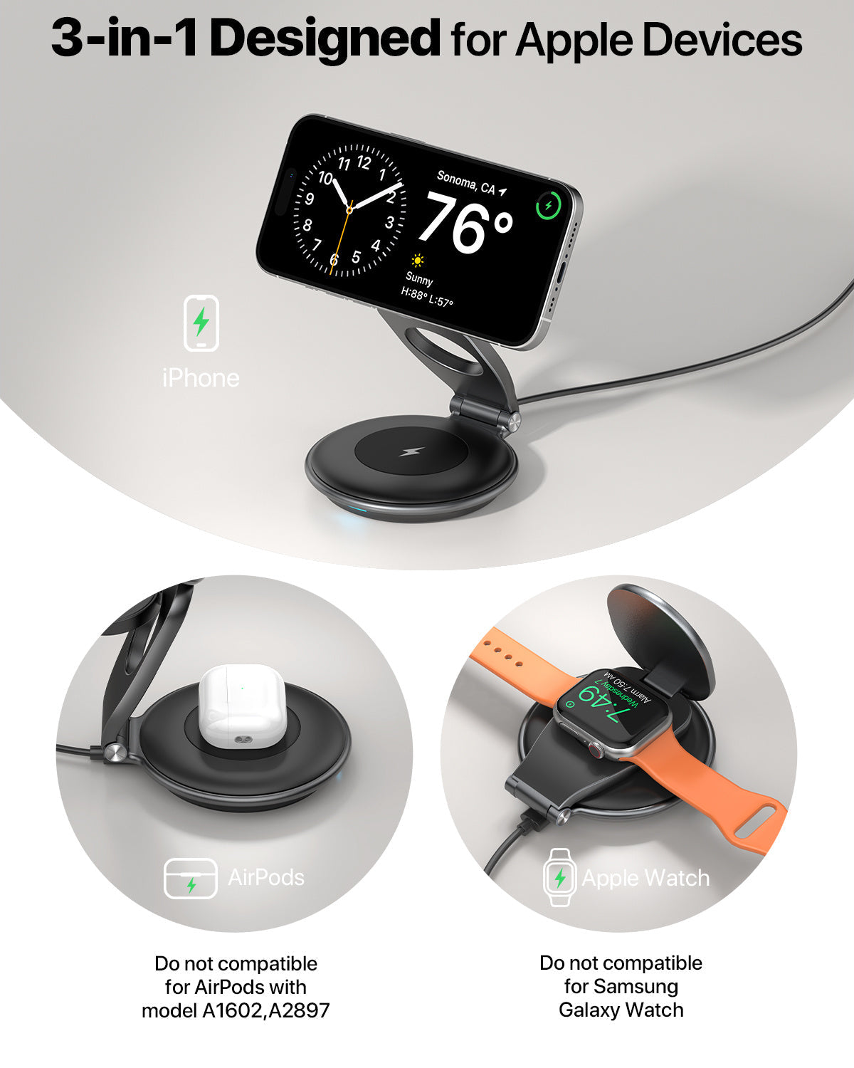 HKM-218835 3-in-1 Wireless Travel Charging Station for iPhone, AirPods, and iWatch with 30W Adapter