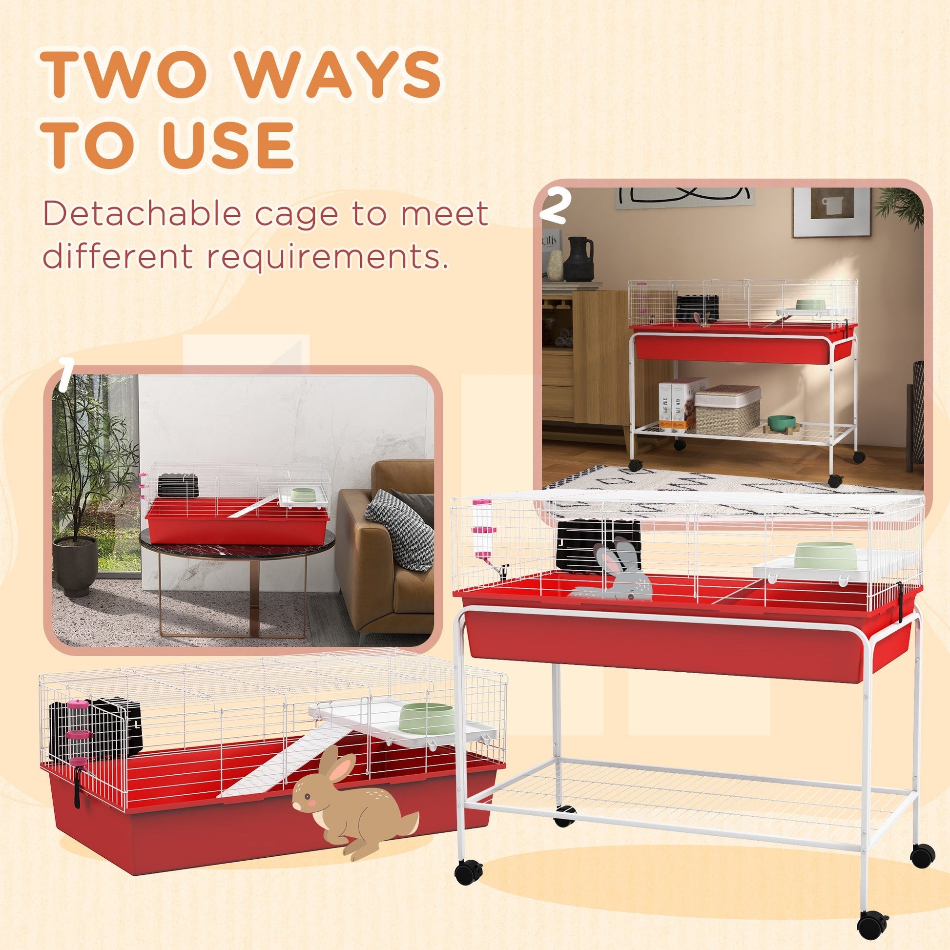 HKM-2188605 Two-Story Small Animal Cage with Removable Stand, Shelf & Wheels - 39" x 20.5" x 36.5" - Ideal for Guinea Pigs, Ferrets, & More
