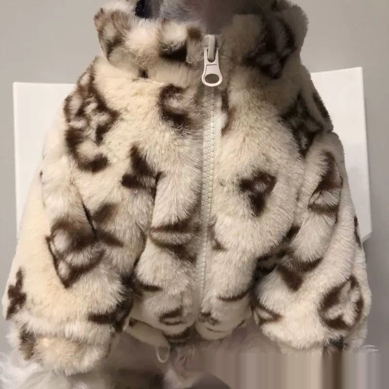 HKM-2189501 Autumn and Winter Dog Smoked Fur Coat in LV Color, Comfortable Polyester Material
